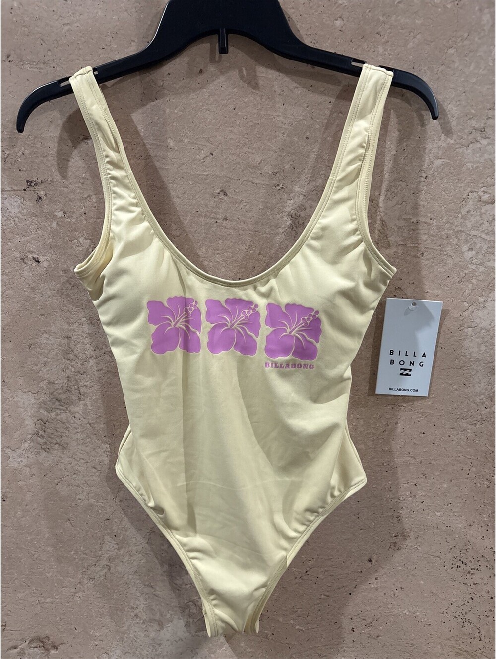 Billabong Women's One Piece Yellow Swimsuit With Pink Hibiscus Flowers S